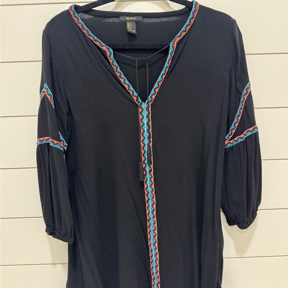 Forever 21 Black Tunic with Blue and Red Embroidery
